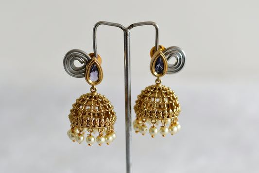Antique gold tone purple thilak stone pearl jhumkka dj-51854