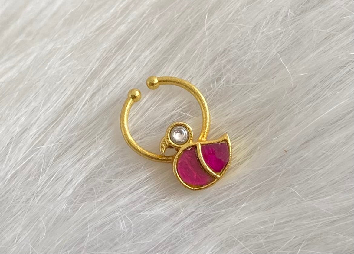 Gold tone kundan jadau pink-white stone swan nose pin/bulakku dj-53741