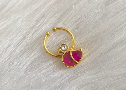 Gold tone kundan jadau pink-white stone swan nose pin/bulakku dj-53741