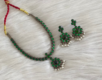 Black finish green stone pearl necklace set dj-54620