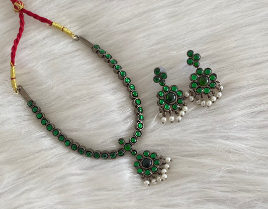 Black finish green stone pearl necklace set dj-54620
