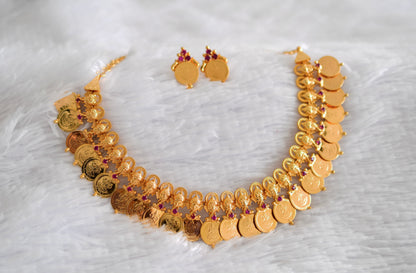 Gold tone kerala style ruby ganesha lakshmi coin necklace set dj-52689