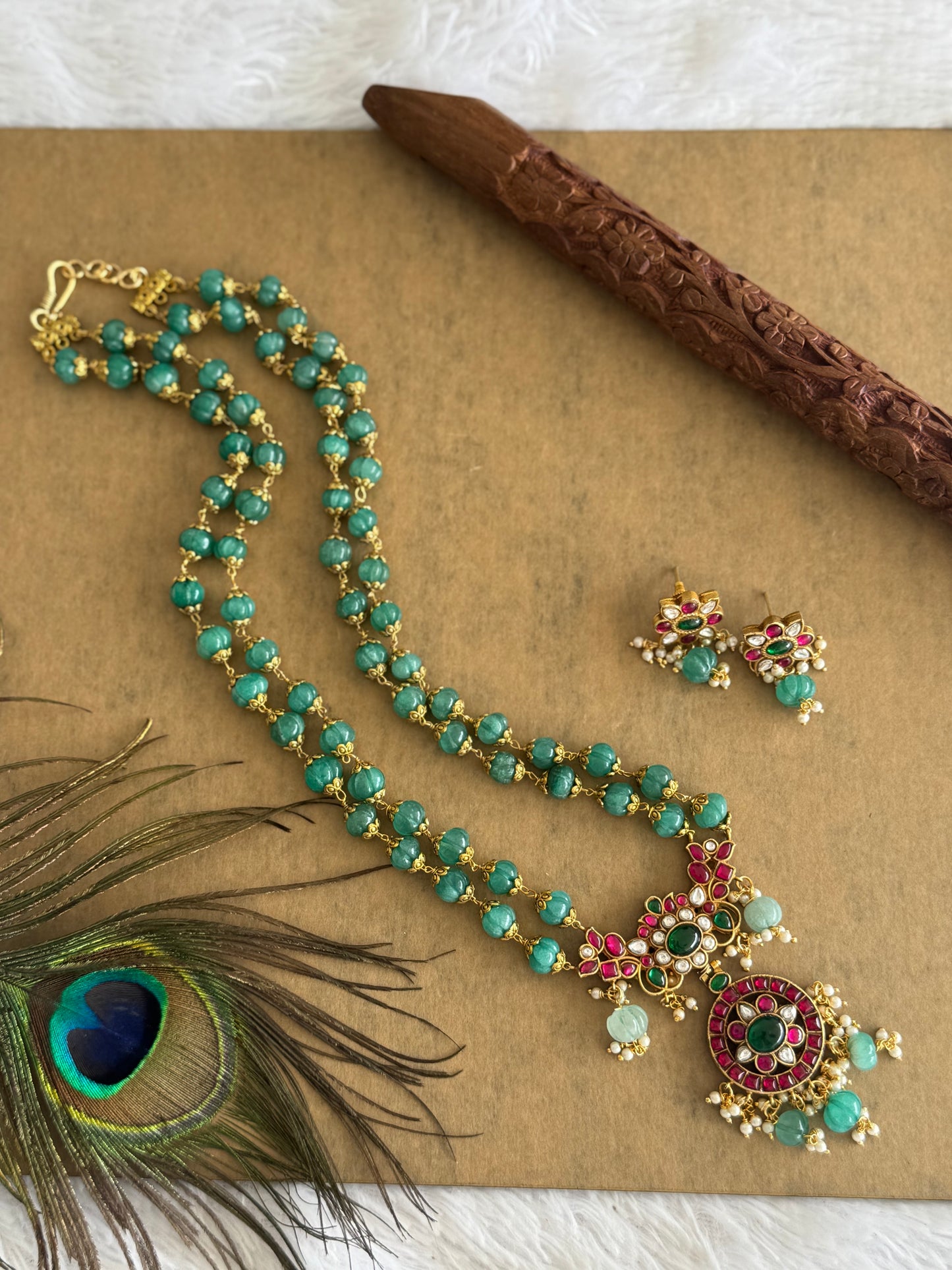 Antique gold look alike kemp-green peacock jadau kundan beaded haar set dj-51554