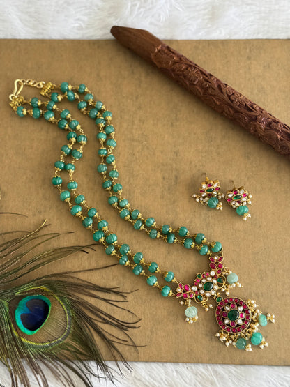 Antique gold look alike kemp-green peacock jadau kundan beaded haar set dj-51554