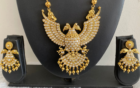 Gold tone pink-white kundan jadau reversible Gandaberunda necklace set dj-52916