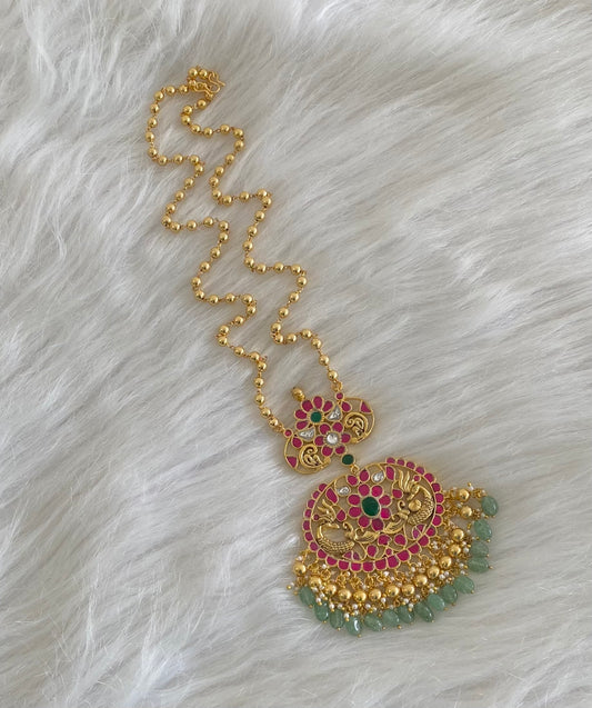 Antique gold tone pink-green-white kundan jadau peacock green bead haar dj-54515