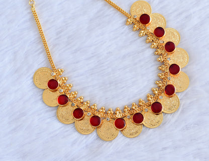 Gold tone kerala style red-white round lakshmi coin necklace dj-53079