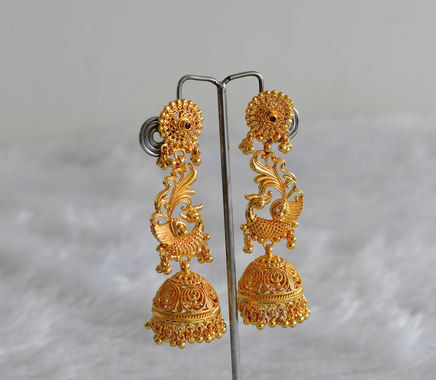 Gold Tone Kerala style pink peacock long jhumkka dj-51797