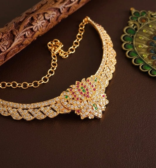 Gold tone South Indian style AD pink-green lotus attigai/necklace dj-52217