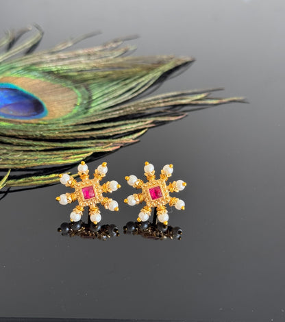 Gold tone pink-pearl square stone beaded stud/earrings dj-51594