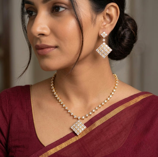 Gold tone cz white stone necklace set dj-54337