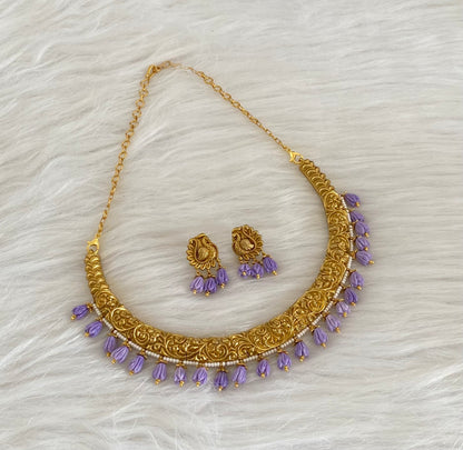 Antique gold tone purple tulip beaded kante necklace set dj-54535