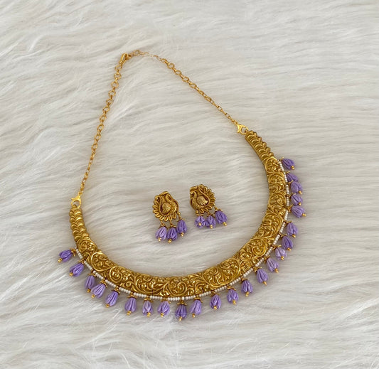 Antique gold tone purple tulip beaded kante necklace set dj-54535