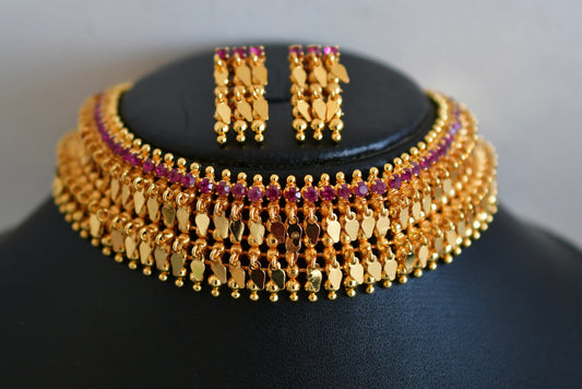 Gold look alike ruby stone elakka thali choker necklace dj-47726