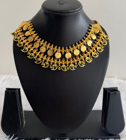Gold tone kerala style pink-green mango lakshmi coin double layer necklace dj-51734