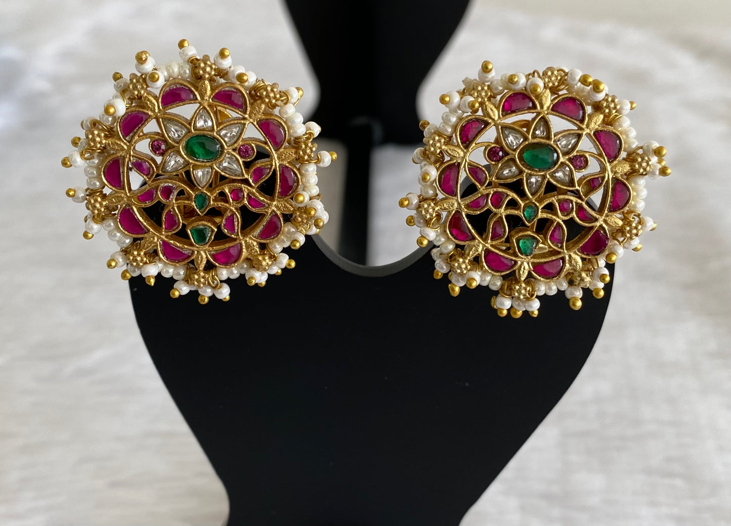 Gold tone pink-white-green pearl kundan jadau flower stud/earrings dj-53546
