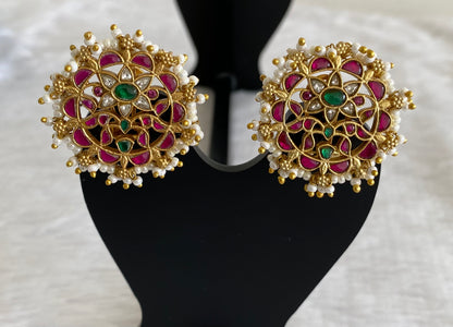 Gold tone pink-white-green pearl kundan jadau flower stud/earrings dj-53546