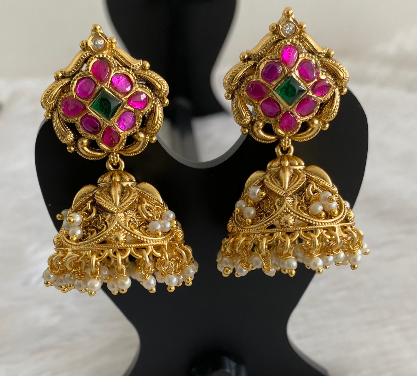 Gold tone pink-green stone pearl  kundan jadau jhumkka dj-53589