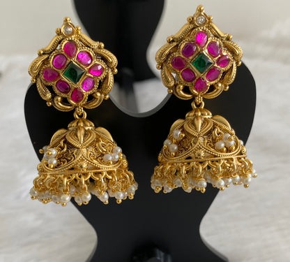 Gold tone pink-green stone pearl  kundan jadau jhumkka dj-53589