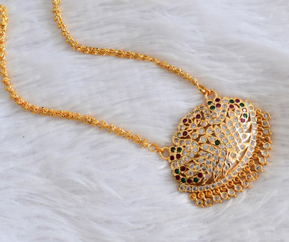Gold tone AD white-pink-green swan pendant with chain dj-53322