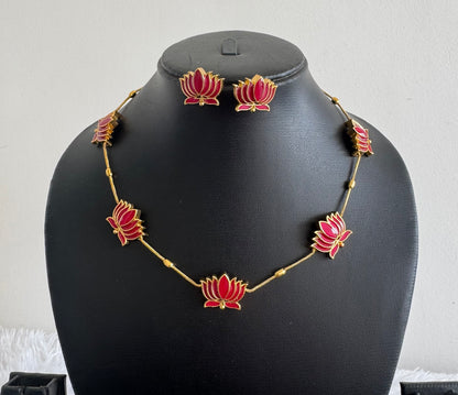 Matte finish pink lotus enamel necklace set dj-52111
