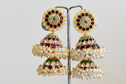 Gold tone precious kemp-green-white stone pearl big step jhumkka dj-52519