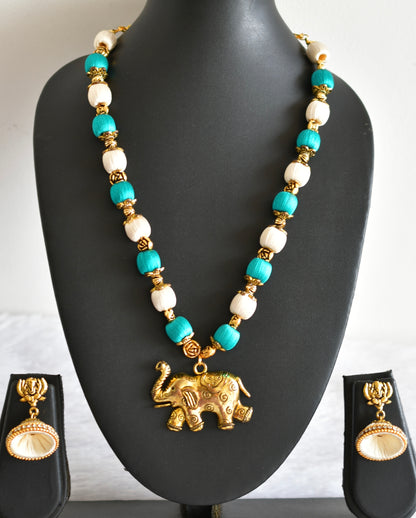 Antique gold tone green-white silk thread Elephant pendant necklace set dj-51946