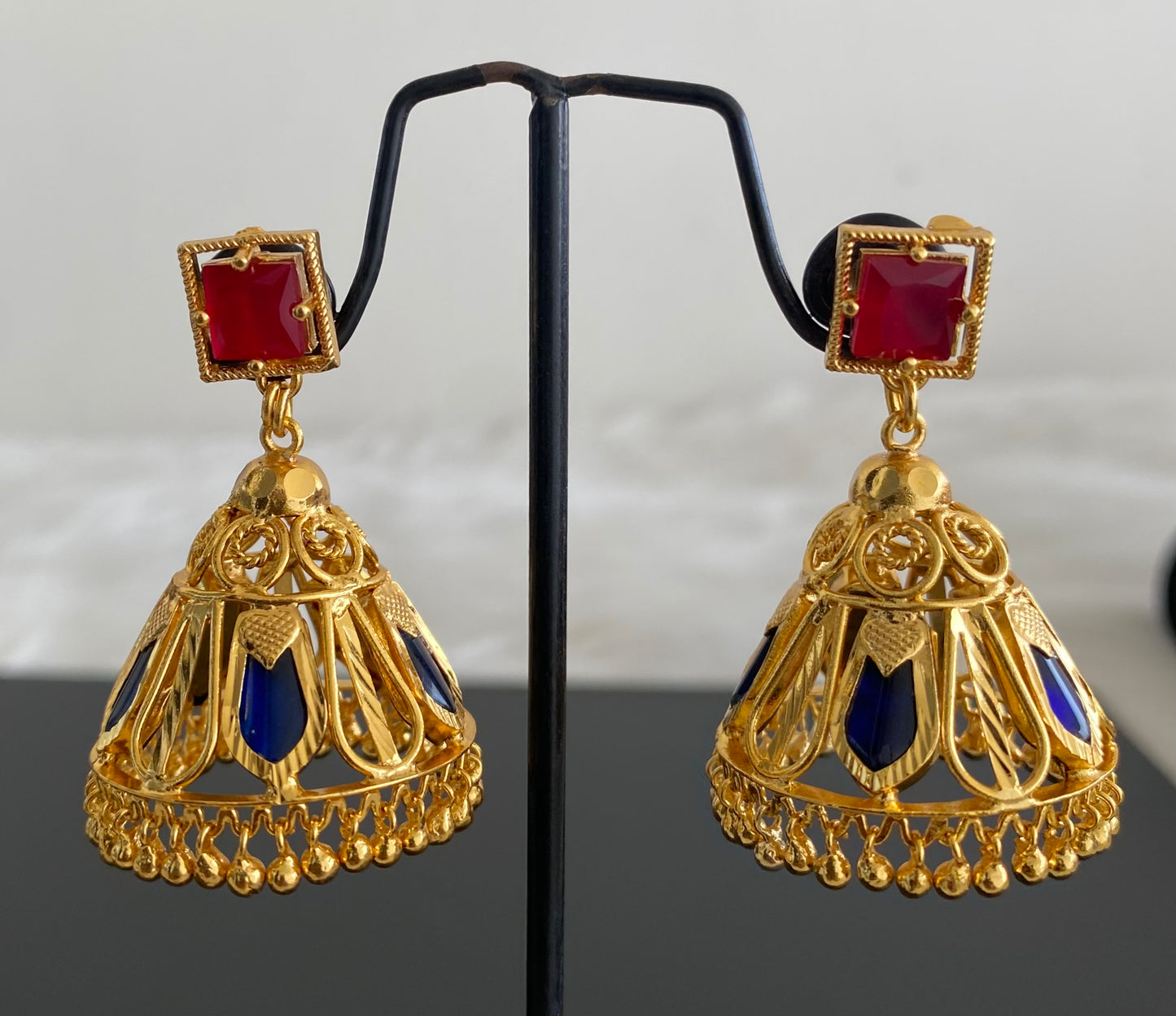 Gold tone kerala style ruby-blue nagapadam jhumkka dj-53828