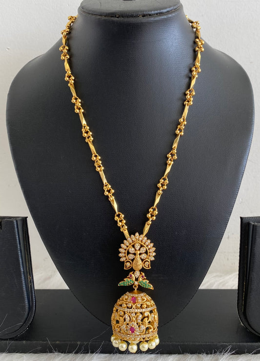Antique gold tone ruby-green-white peacock jhumkka pendant with chain dj-55087