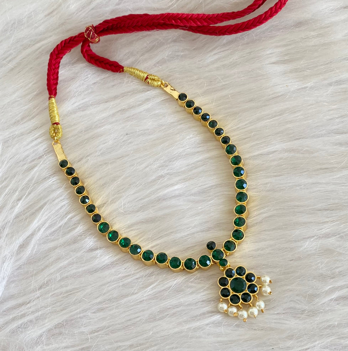 Gold tone AD green stone pearl attigai necklace dj-54749