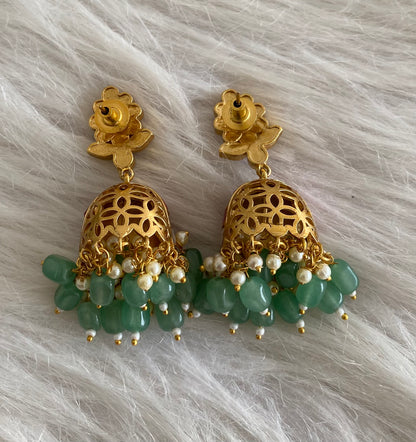 Gold tone pink-white kundan jadau green beaded pearl jhumkka dj-55097