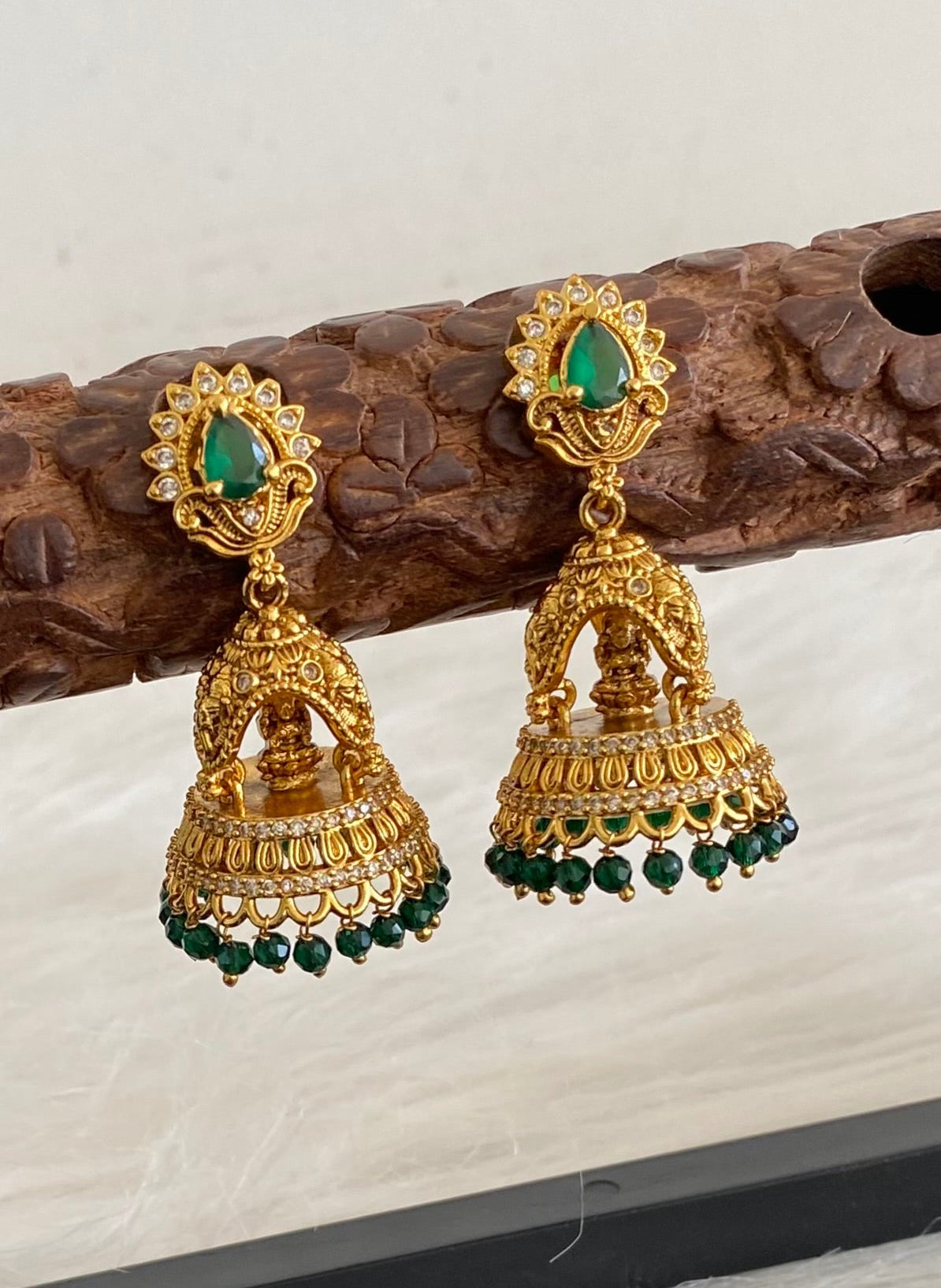 Matte finish white-green elephant Lakshmi jhumkka dj-53573