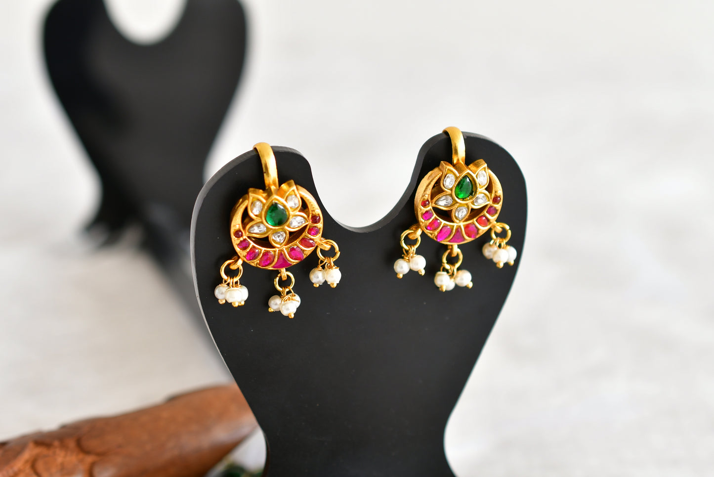 Gold tone pink-green kundan jadau lotus bugadi earrings dj-52471