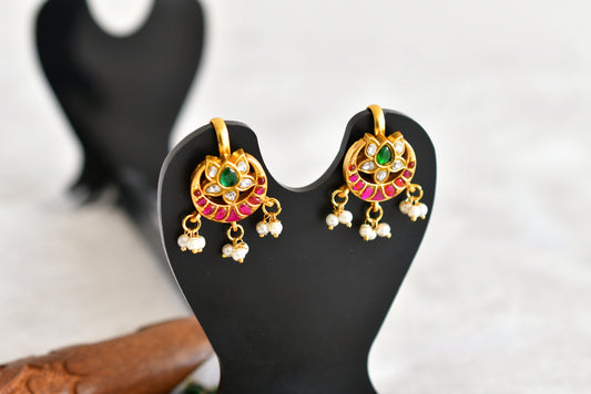 Gold tone pink-green kundan jadau lotus bugadi earrings dj-52471