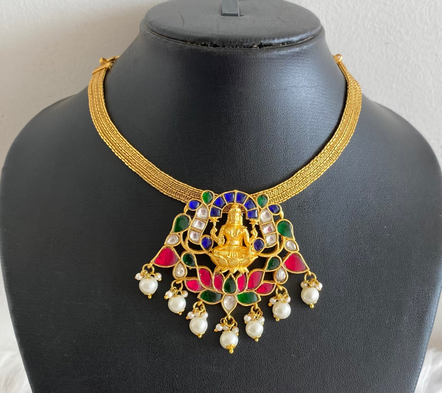 Antique gold tone blue-pink-green kundan jadau pearl lakshmi necklace dj-54180