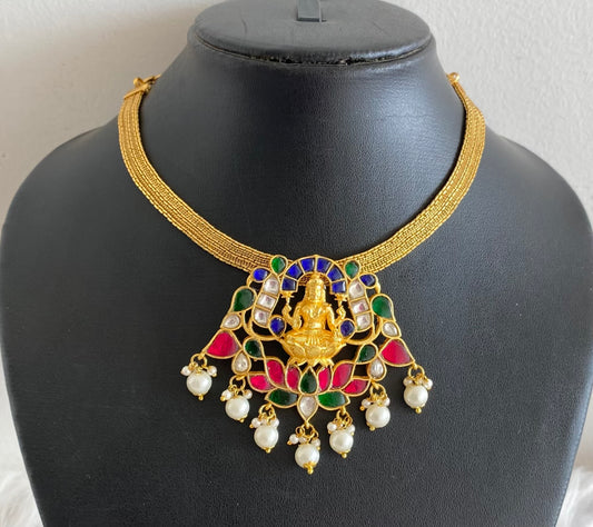Antique gold tone blue-pink-green kundan jadau pearl lakshmi necklace dj-54180