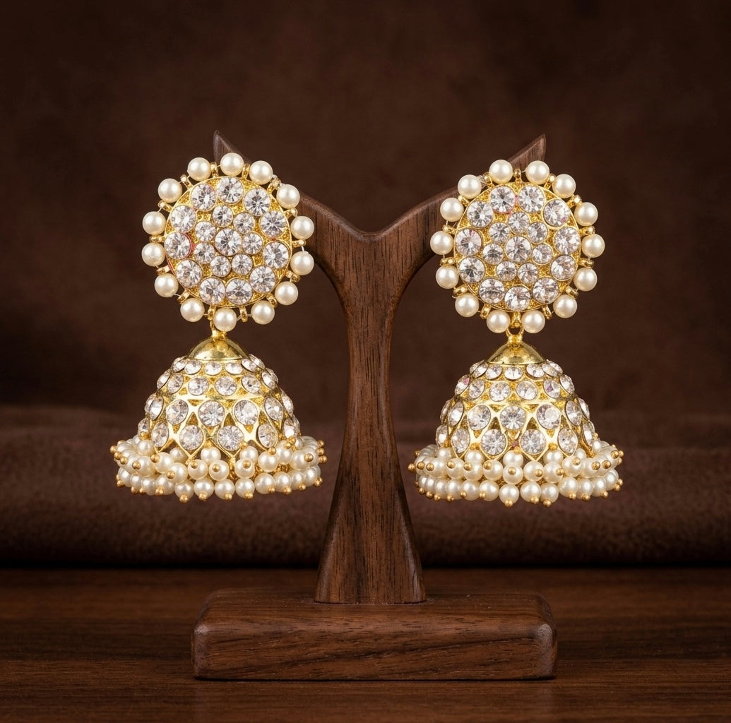 Gold tone AD white stone pearl big jhumkka dj-53906