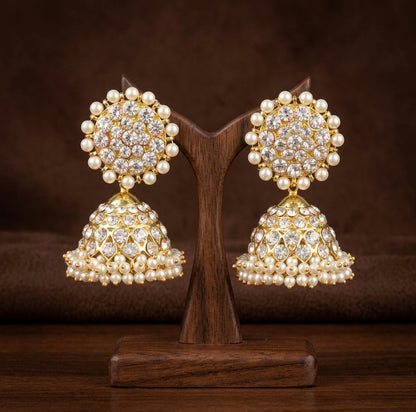 Gold tone AD white stone pearl big jhumkka dj-53906