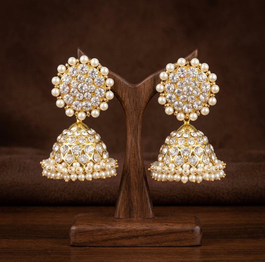 Gold tone AD white stone pearl big jhumkka dj-53906