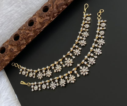 Two tone cz white stone flower ear side chain dj-54066