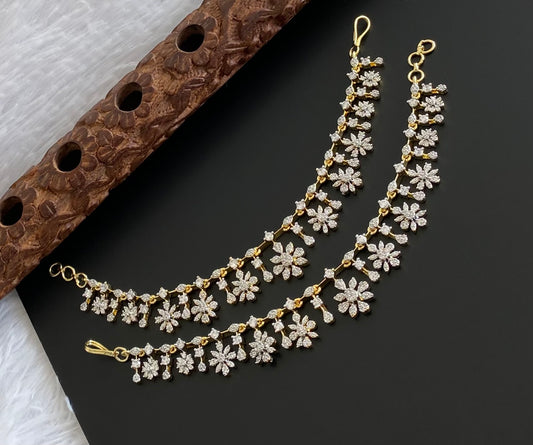 Two tone cz white stone flower ear side chain dj-54066