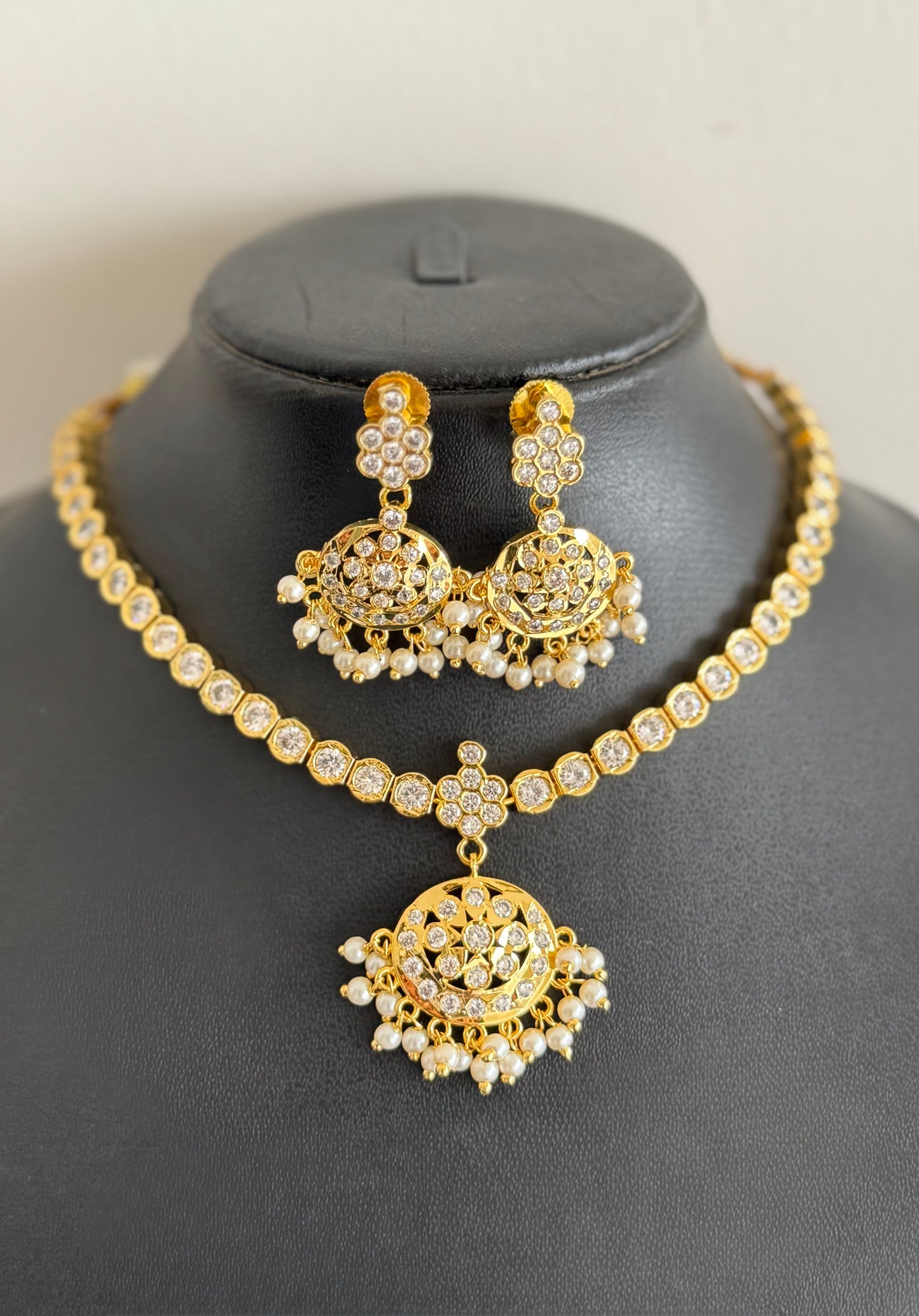 Gold Tone White AD South Indian Style Attigai/Necklace Set DJ28346