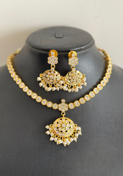 Gold Tone White AD South Indian Style Attigai/Necklace Set DJ28346