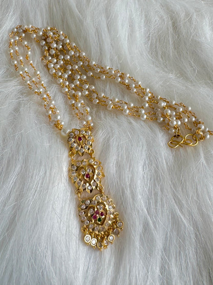 Gold tone AD pink-green heart step pendant with pearl chain dj-51116