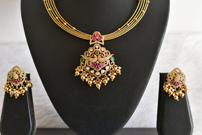 Antique gold tone pink-green kundan jadau kante necklace set dj-52419