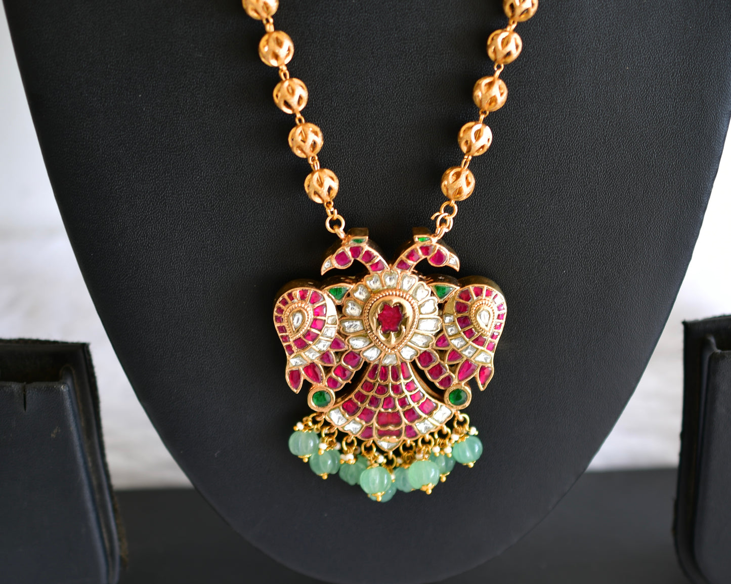 Gold tone pink-green kundan jadau Gandaberunda reversible necklace dj-52597