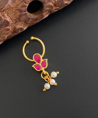 Gold tone kundan jadau pink stone pearl nose pin/bulakku dj-53800