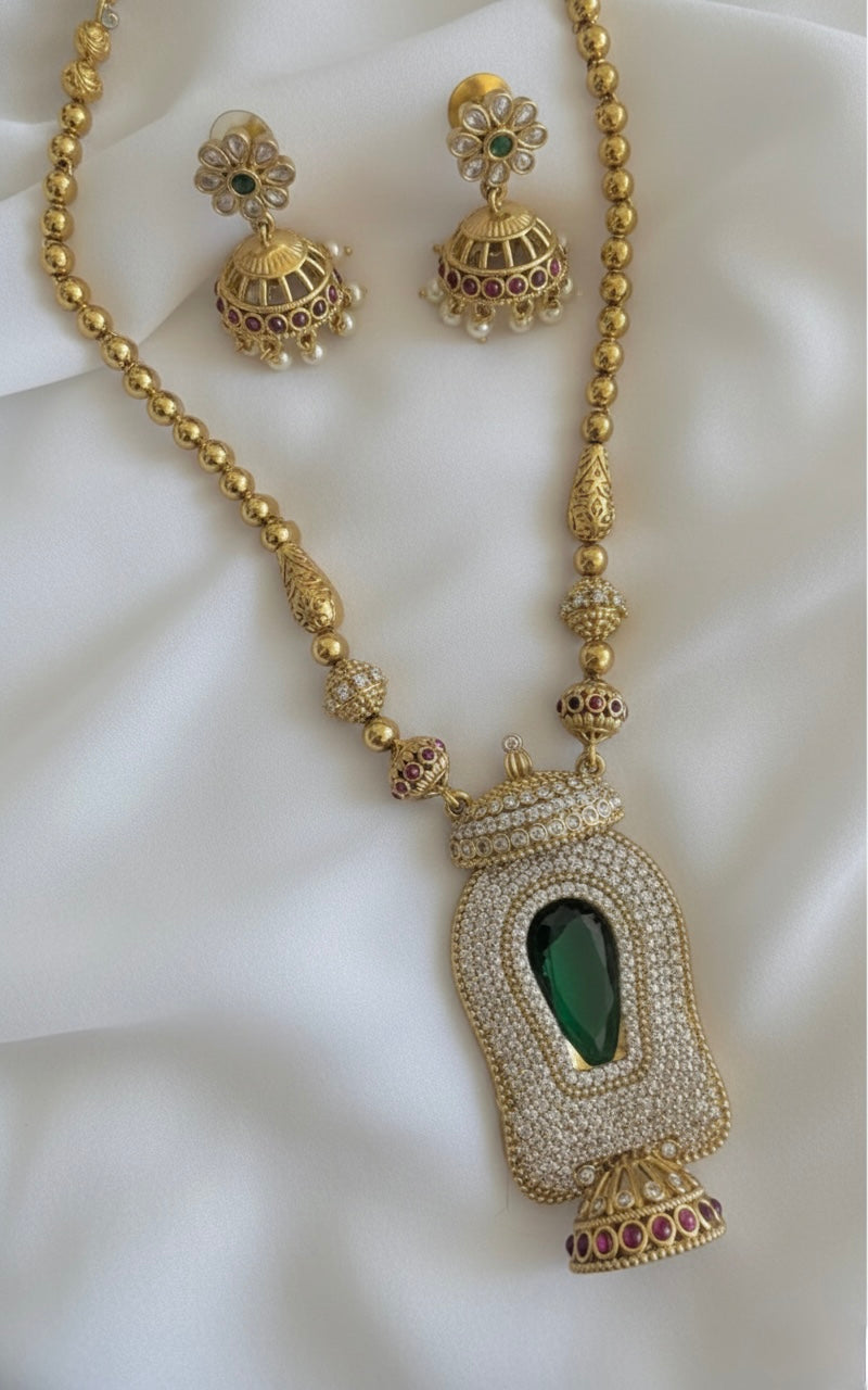 Antique gold tone pink-green-white Kerala style necklace set dj-51218