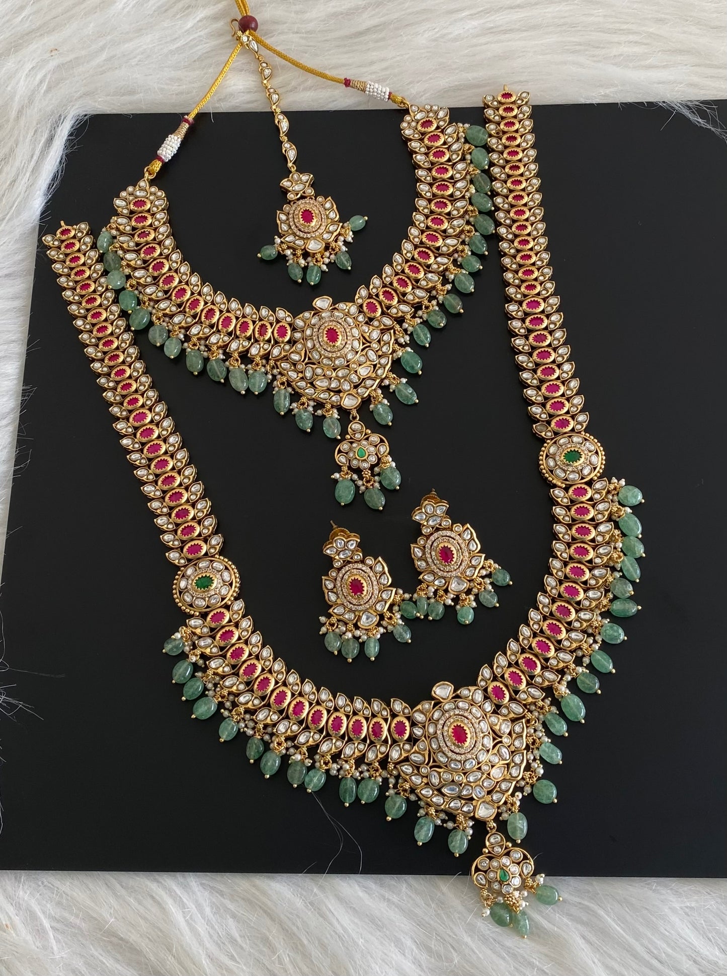 Antique gold tone kundan jadau green beaded bridal set dj-54599