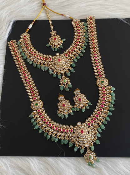Antique gold tone kundan jadau green beaded bridal set dj-54599